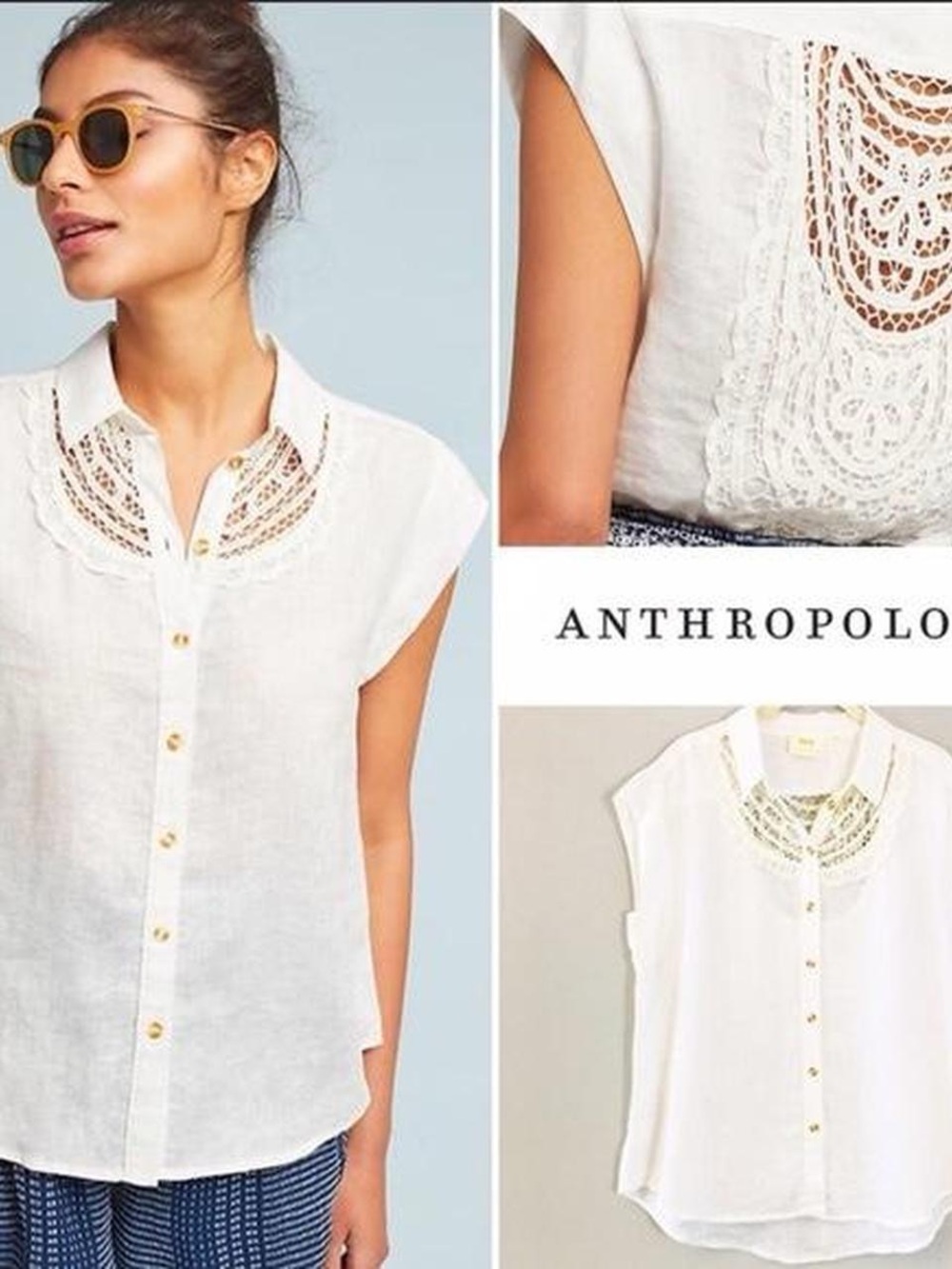 Anthropologie White Lace-Yoke Cap Sleeve Button Front Blouse